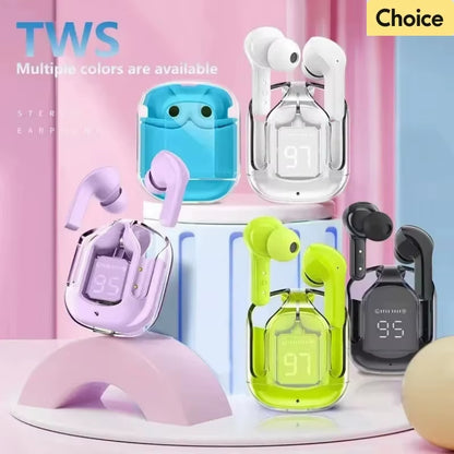 CrystalBeats BT30: Transparent TWS Bluetooth 5.3 Earbuds with Digital Display & Noise Canceling